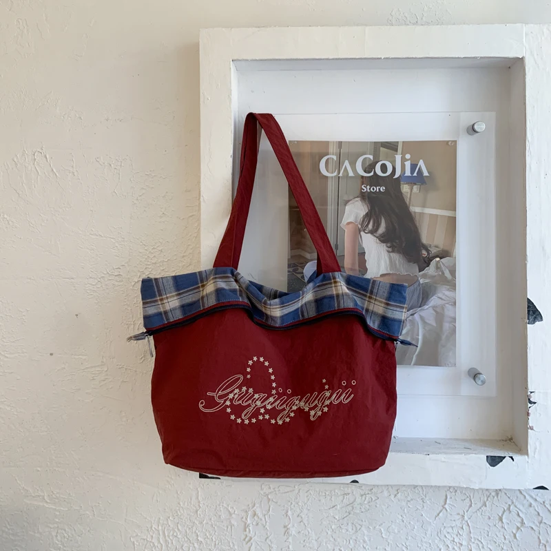 

Letter Printing Vintage Double Sided Plaid Large Capacity Tote Bag Fashion Lightweight Reversible Cotton Fabric Shoulder Bags