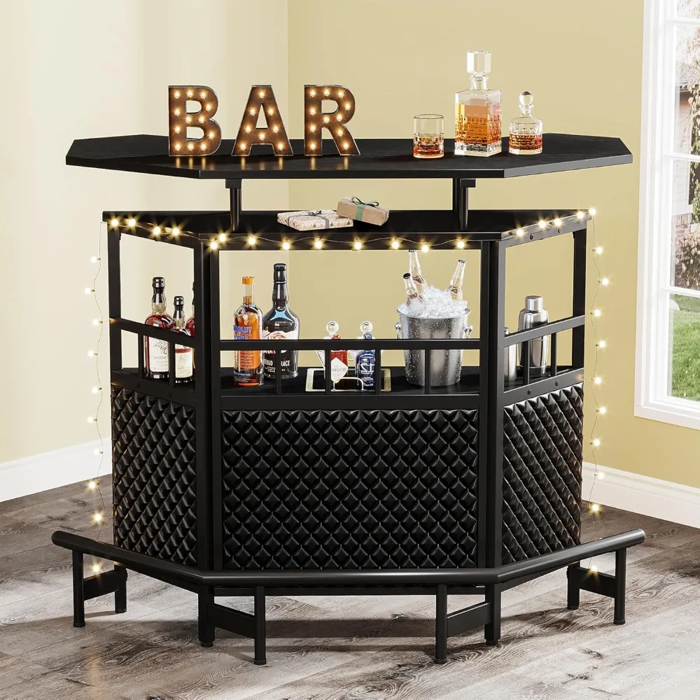 

Home Bar Unit 4 Tier Liquor Bar Table with Wine Glass Holder and Storage Shelves, Mini Wine Bar Cabinet with Foot Rail