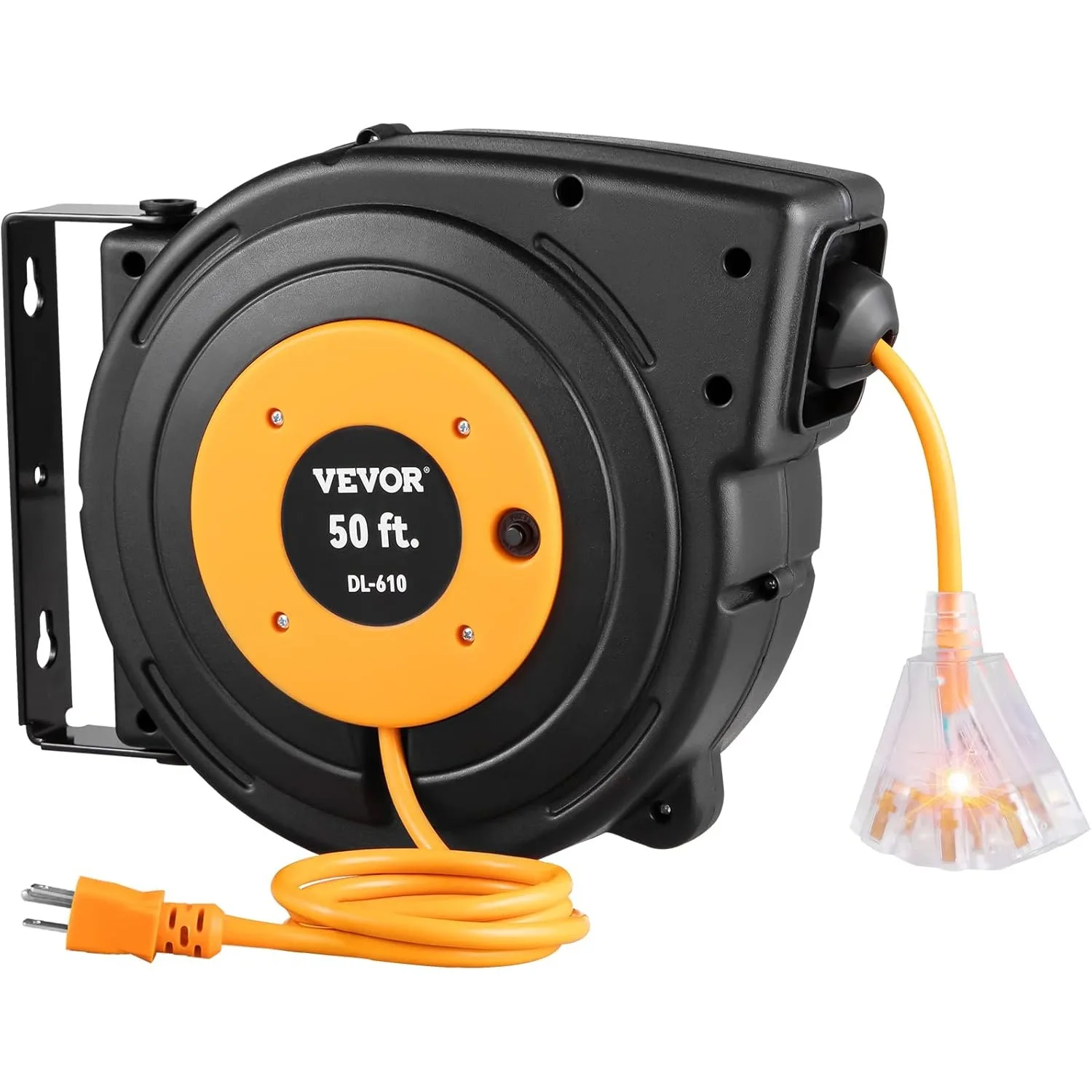 Retractable Extension Cord Reel, 50 FT Heavy Duty 14AWG/3C SJTOW Power Cord w/ Lighted Triple Tap Outlet, 13 Amp Circuit Breaker