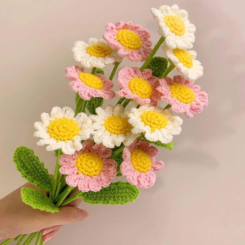 1PC Hand Knitted Daisy Flower Bouquet Crochet Woven Sunflower Weeding Party Home Decoration Knitting Yarn Artificial Flowers