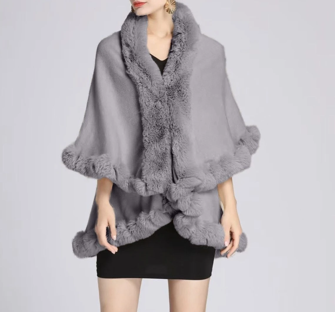 

Faux Hare Fur Collar Cape Coat Knitted Cardigan Loose Jacket