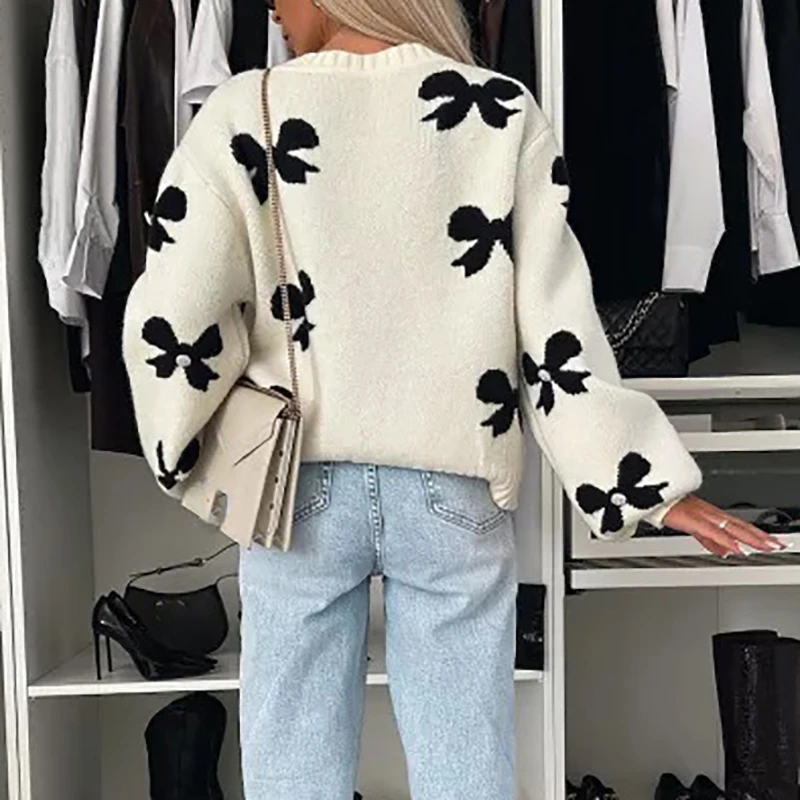 Elegant Long Sleeve Commuter Sweater 2024 New Winter Butterfly Knot Printed Sweater Women's Casual O Neck Lace Up Loose Cardigan