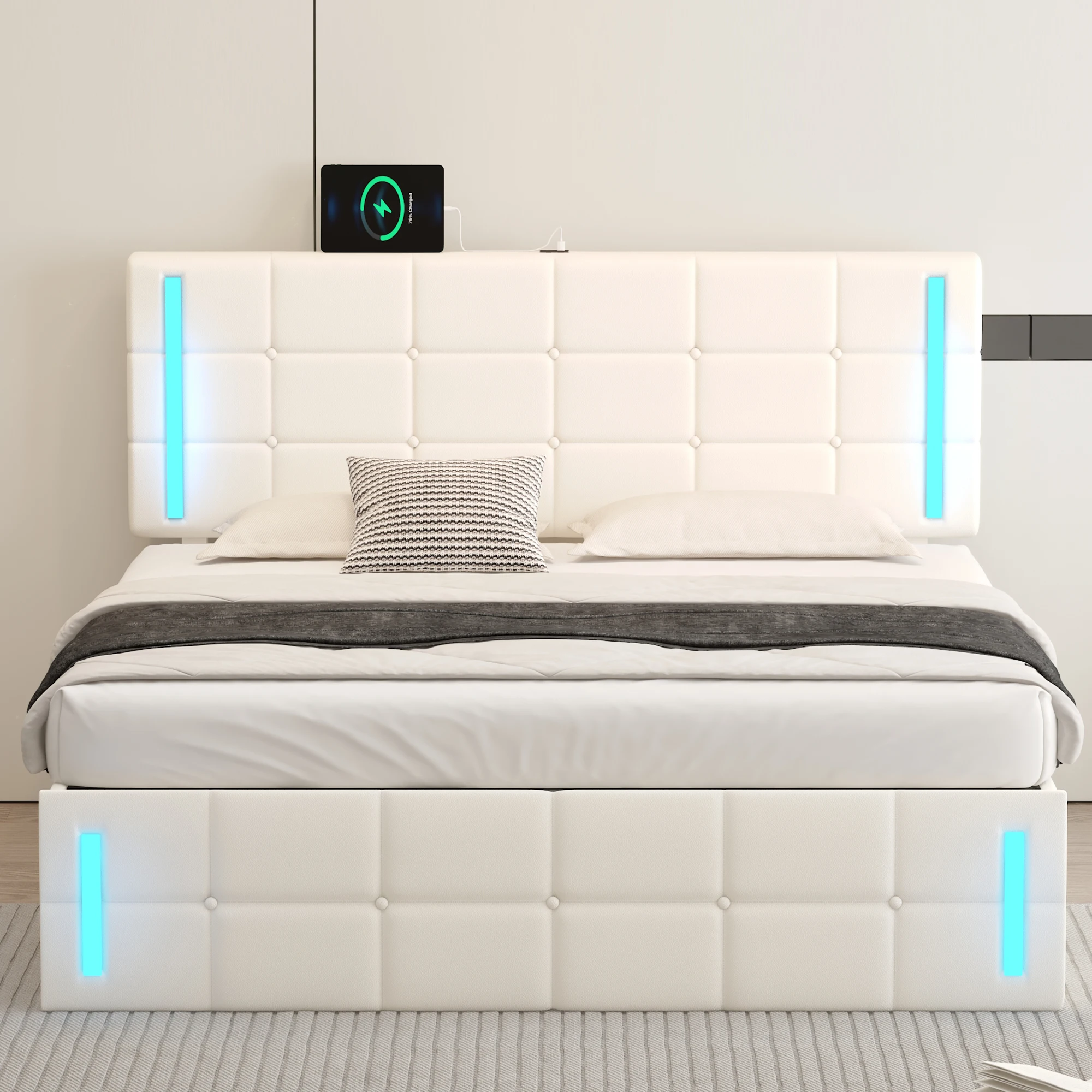 Queen Size Upholstered Bed with LED Lights, Hydraulic Storage System and USB Charging Station, White  80.70x62.60x40.90 in.