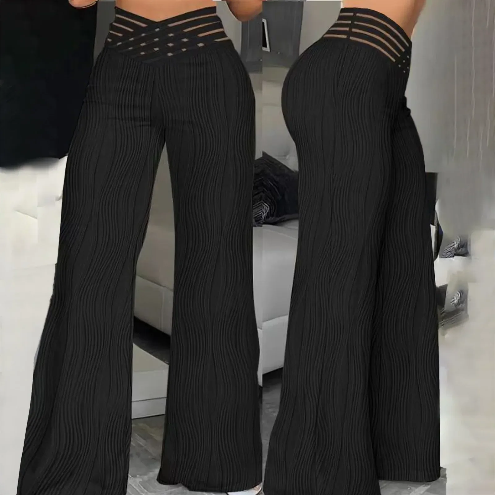 Ladies Trousers Elegant Crisscross Sheer Mesh Patch Casual High Waist Flared Pants