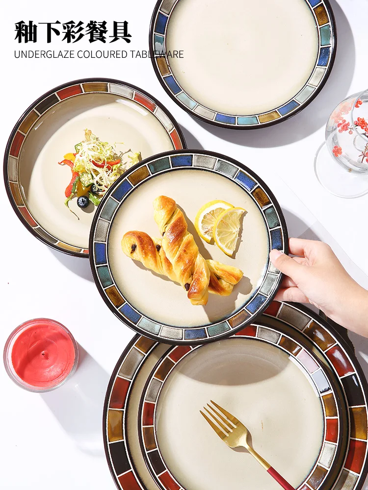 Vintage Ceramic Underglaze Color Bowl Plate Housewarming Bowls and Chopsticks Combination Nordic Instagram Style Tableware