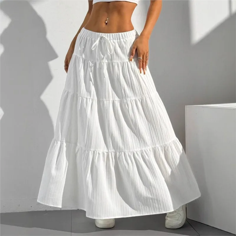 

Summer White Long Skirt Women Basic Bow Lace-Up Low-Waisted Big Swing Skirts Female Street Casual Loose Spliced Maxi Dress
