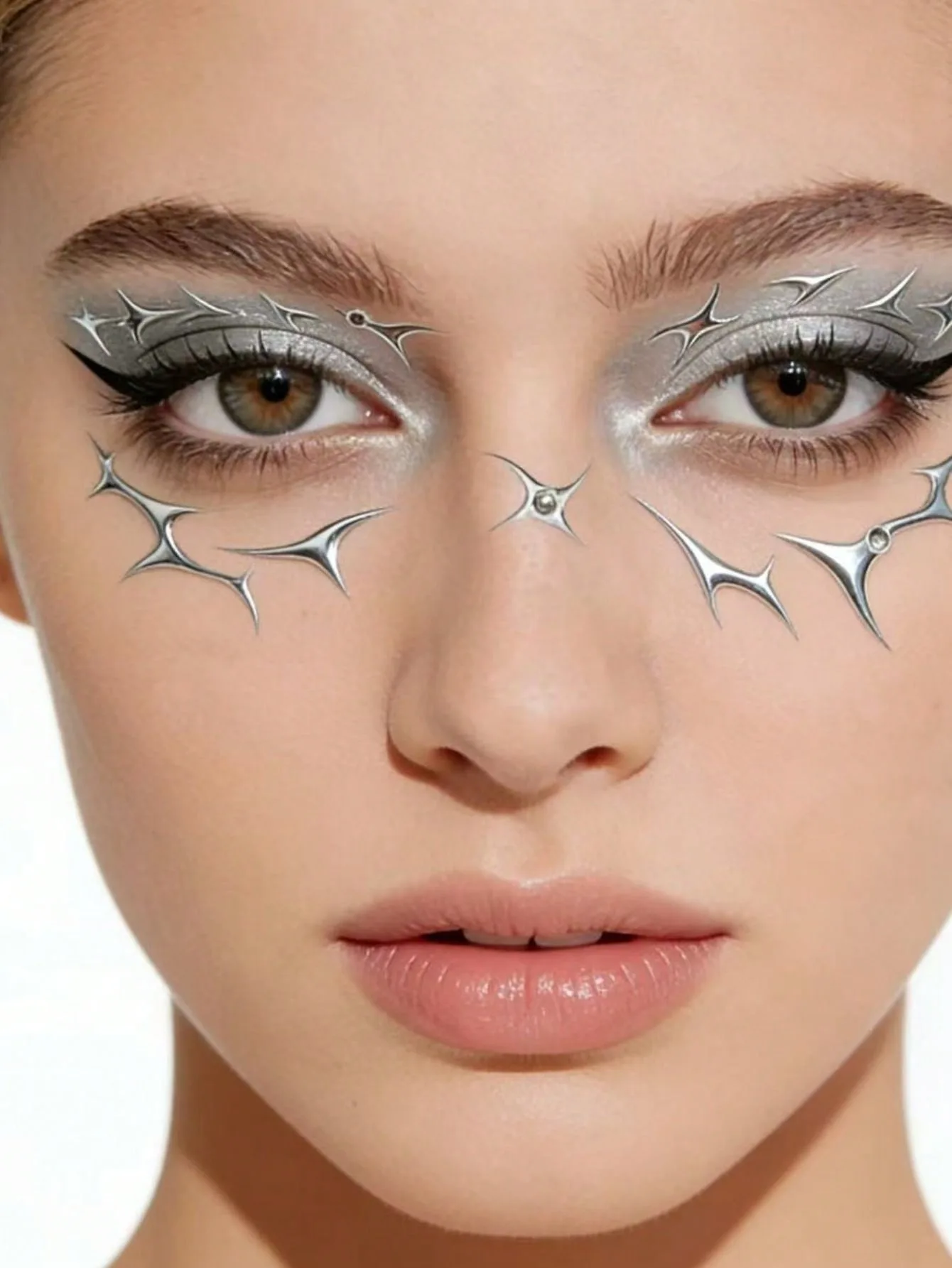 Ein Aufkleber mit metallischem silbernem Starburst-Motiv, Gesichtsaufkleber, Nagelaufkleber, Cyberpunk Y2K, dekorativer Aufkleber, wasserfester Aufkleber für Partys – Detail 2