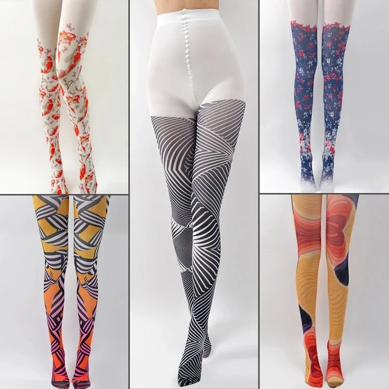 Women Newest Tights Harajuku Lolita Tattoo Pantyhose Cute Carp Gradient Pattern Stockings Women Style Pantyhoses