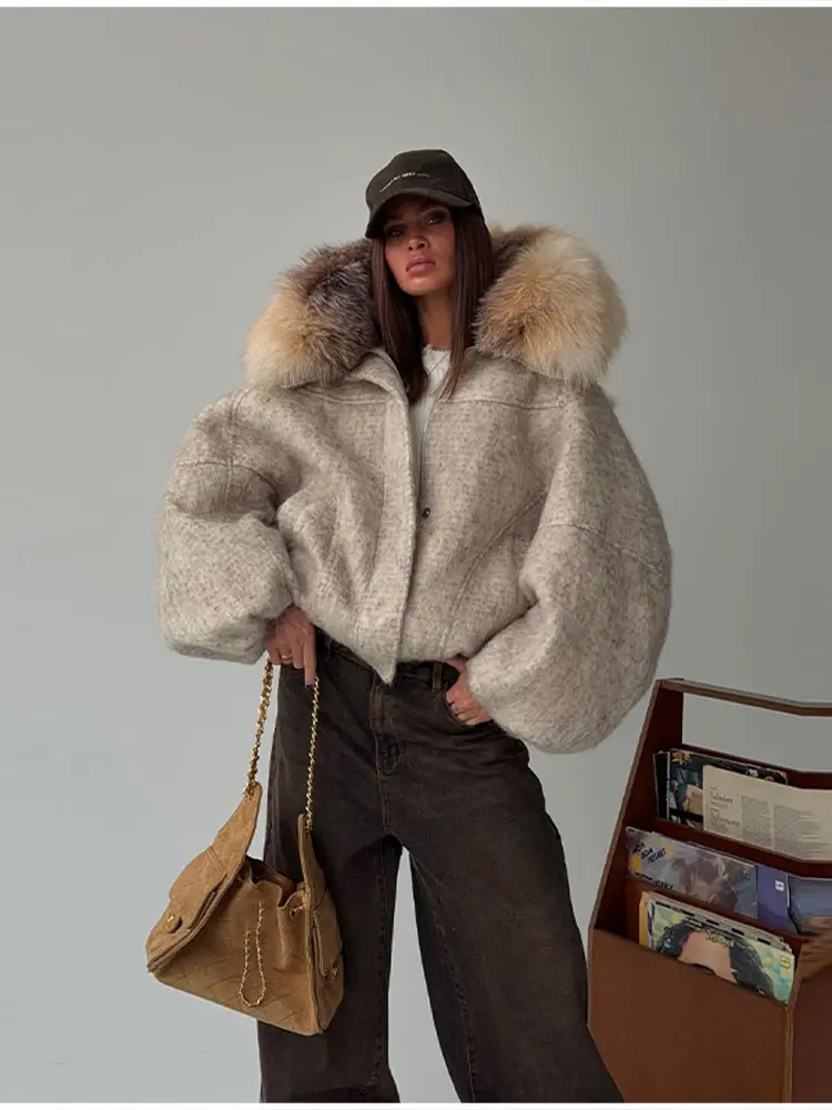 المرأة كبيرة الحجم العصرية أفخم مقنعين سترة الشتاء تنوعا عرض كم معطف قصير الخريف أنيقة شارع العليا معطف الصوف الدافئ