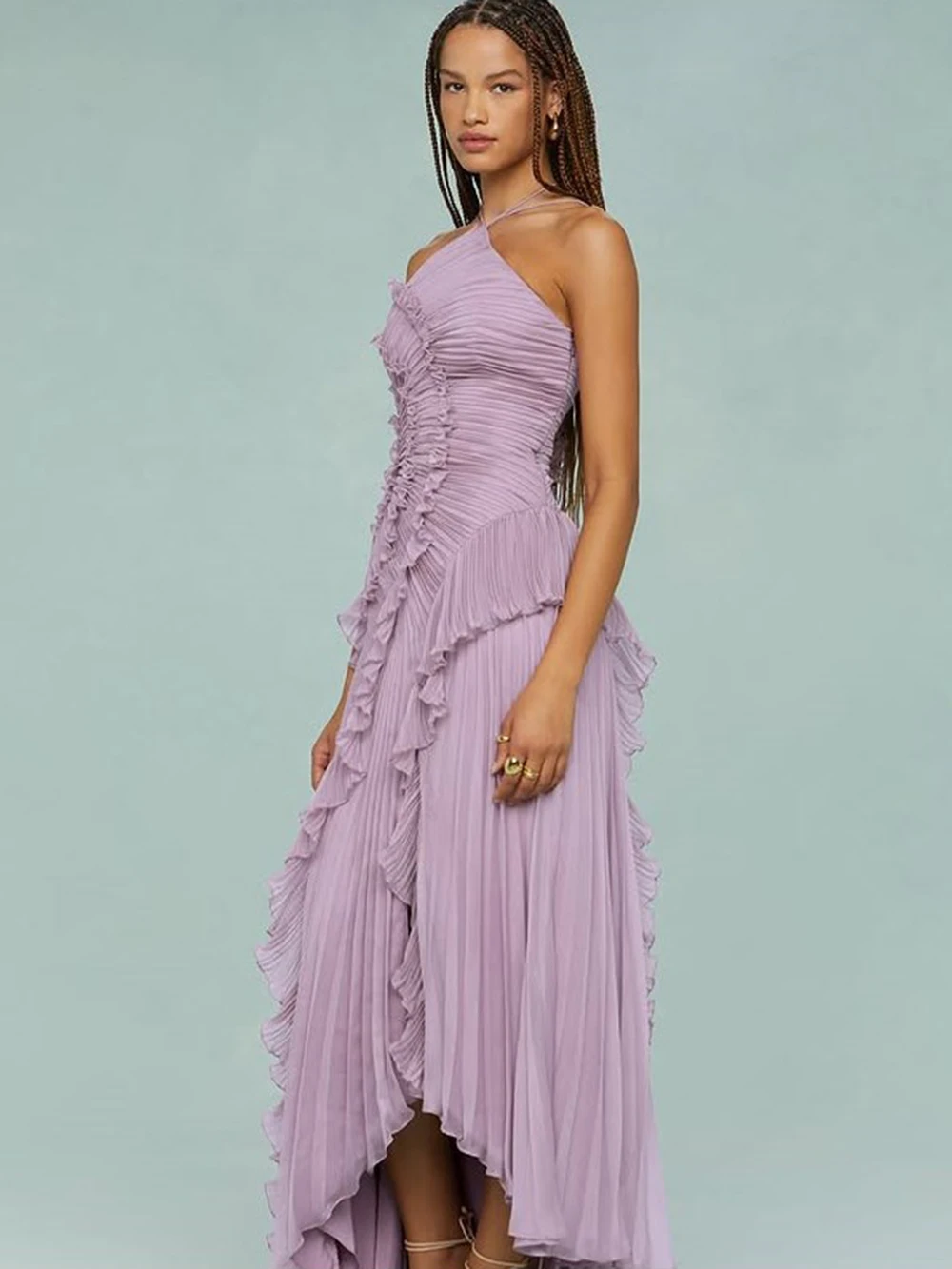 Modphy Women'S Irregular Pleated Slim Chiffon Long Dress Sexy Backless Ruffle Fashion Party Prom Elegant Evening Gown 2025 New