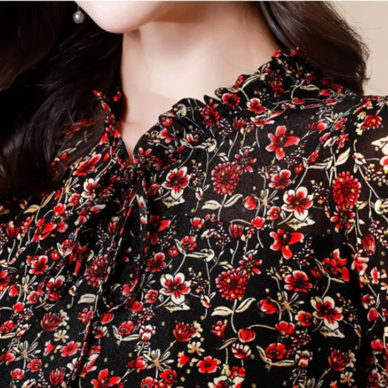 Women's Autumn and Winter New Fashion Elegant Standing Neck Pullover Print Lace Up Casual Versatile Long Sleeve Loose Shirt Tops