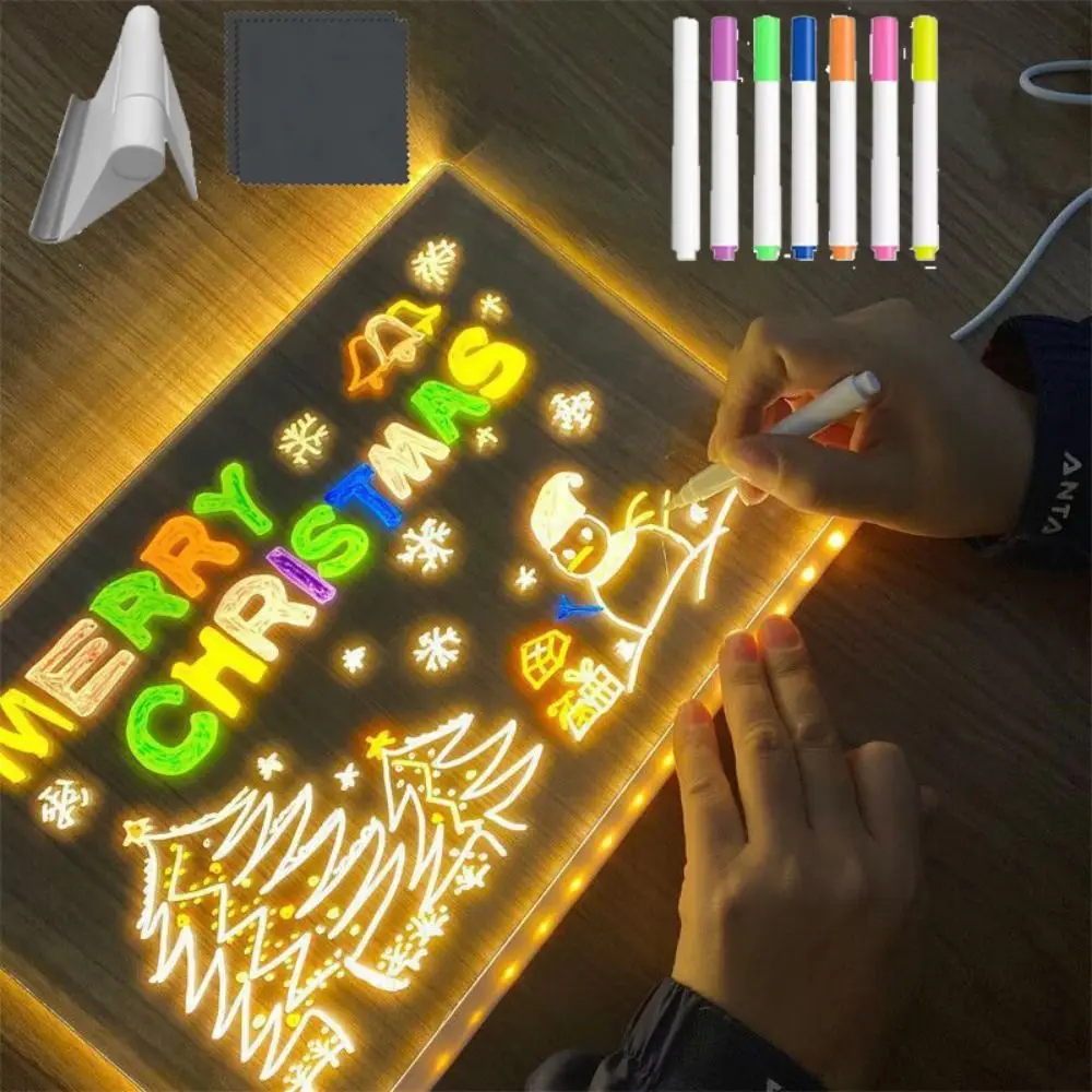 Buntes 7-Stifte-LED-Notizbrett mit Nachtlicht, verstellbarer Ständer, USB-Stromversorgung, leuchtendes Acryl-Nachrichtenbrett, wiederbeschreibbare Oberfläche