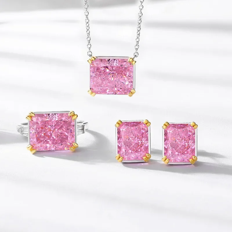 خاتم S925 مطلي بالفضة عيار 18 قيراط مرصع بالأحجار الكريمة الملونة PT950 خاتم سكر وردي من الألماس عالي الكربون البلاتيني