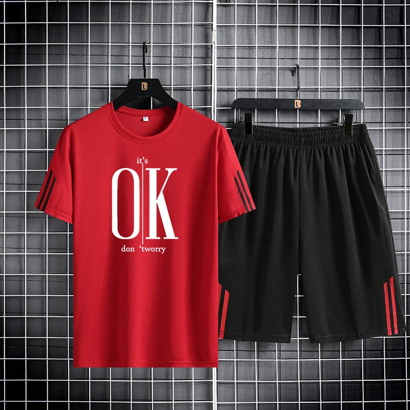 M-5XL OK 패턴 반팔 반바지 세트, 빠른 건조, 통기성, 패셔너블한 스포츠 세트, 남성용 야외 달리기, 여름