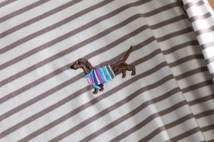 Dachshund Embroidered Stripesd Round Neck Women's Pure Cotton Long-Sleeved T-Shirt Spring & Fallжug Bet Футбо (30) Впылоску