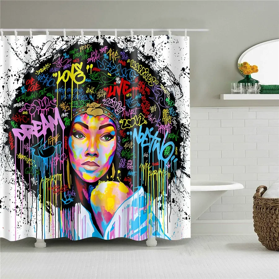 

African American Afro Shower Curtains Black Girl Women Art Design Graffiti Art Bathroom Curtains Waterproof Polyester with Hooks