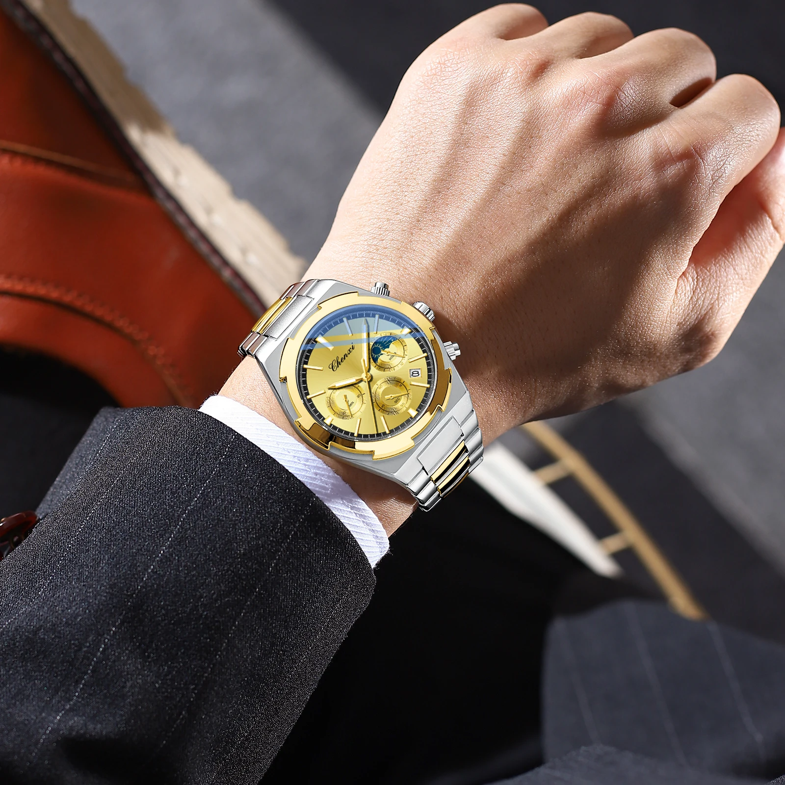 CHENXI Top Business Brand Quartz Movement Men's Watch Multi functional Waterproof Timing Moonphase Stainless Steel Strap Watches