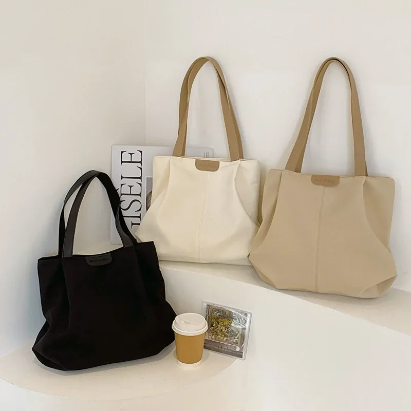 Autumn Classic Canvas Patchwork Large Shoulder Bag Women Pleated PU Strap Tote Bag Versatile College Students Handle Bag