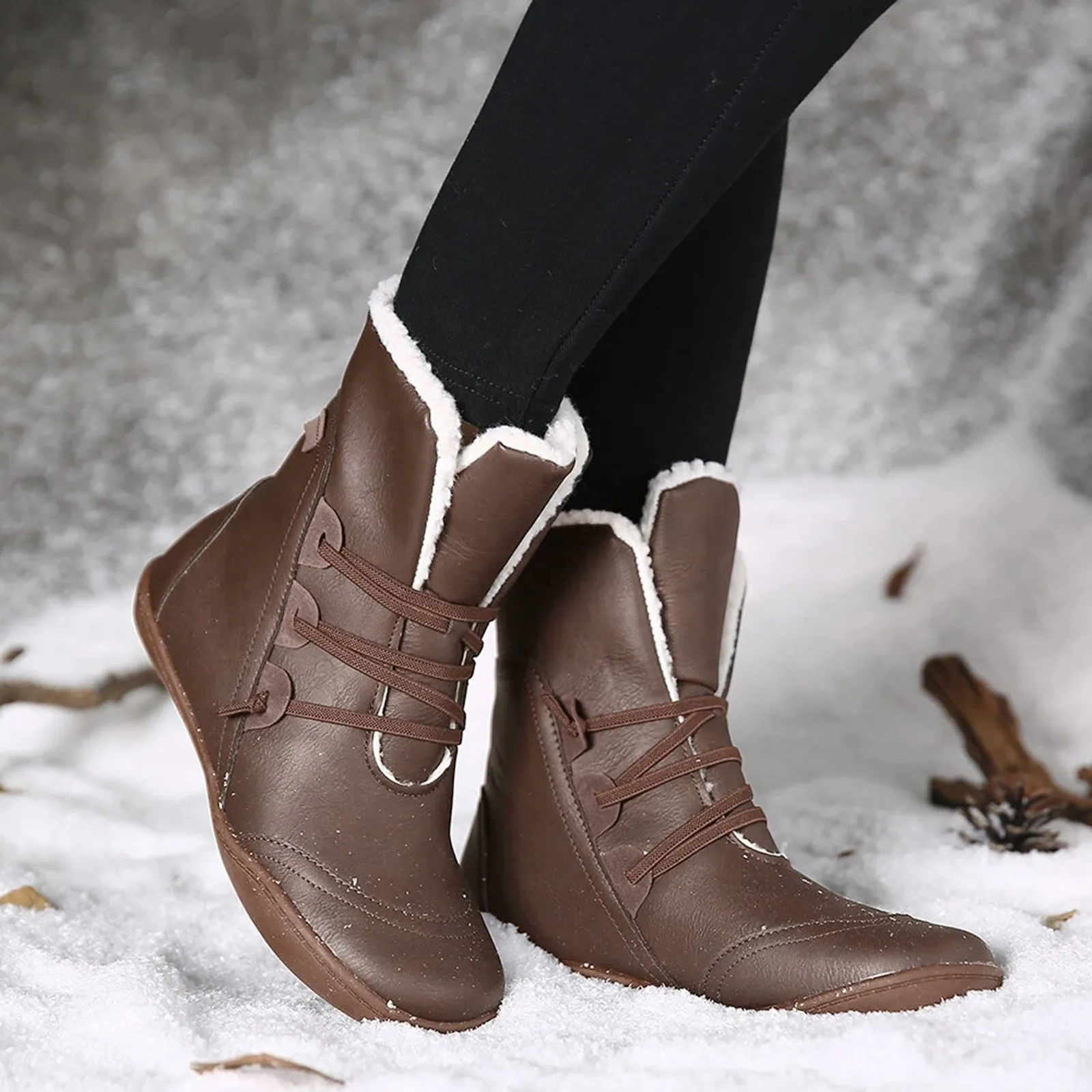 Retro Up Shoes Booties Solid Keep Lace Color Round Warm Flat Women Snow Toe Short women\'s boots