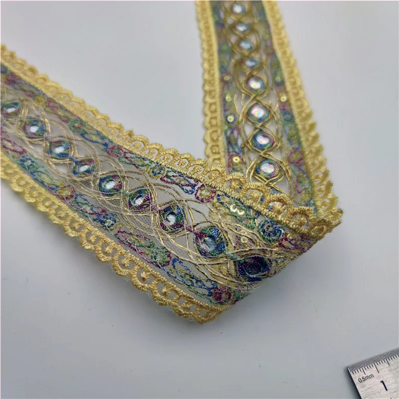 1 Yard Colorful 50mm Ethnic Yellow Gold Thread Sequins Webbing For Dress Embroidered Lace Fabric Trims DIY Sewing Accessorie