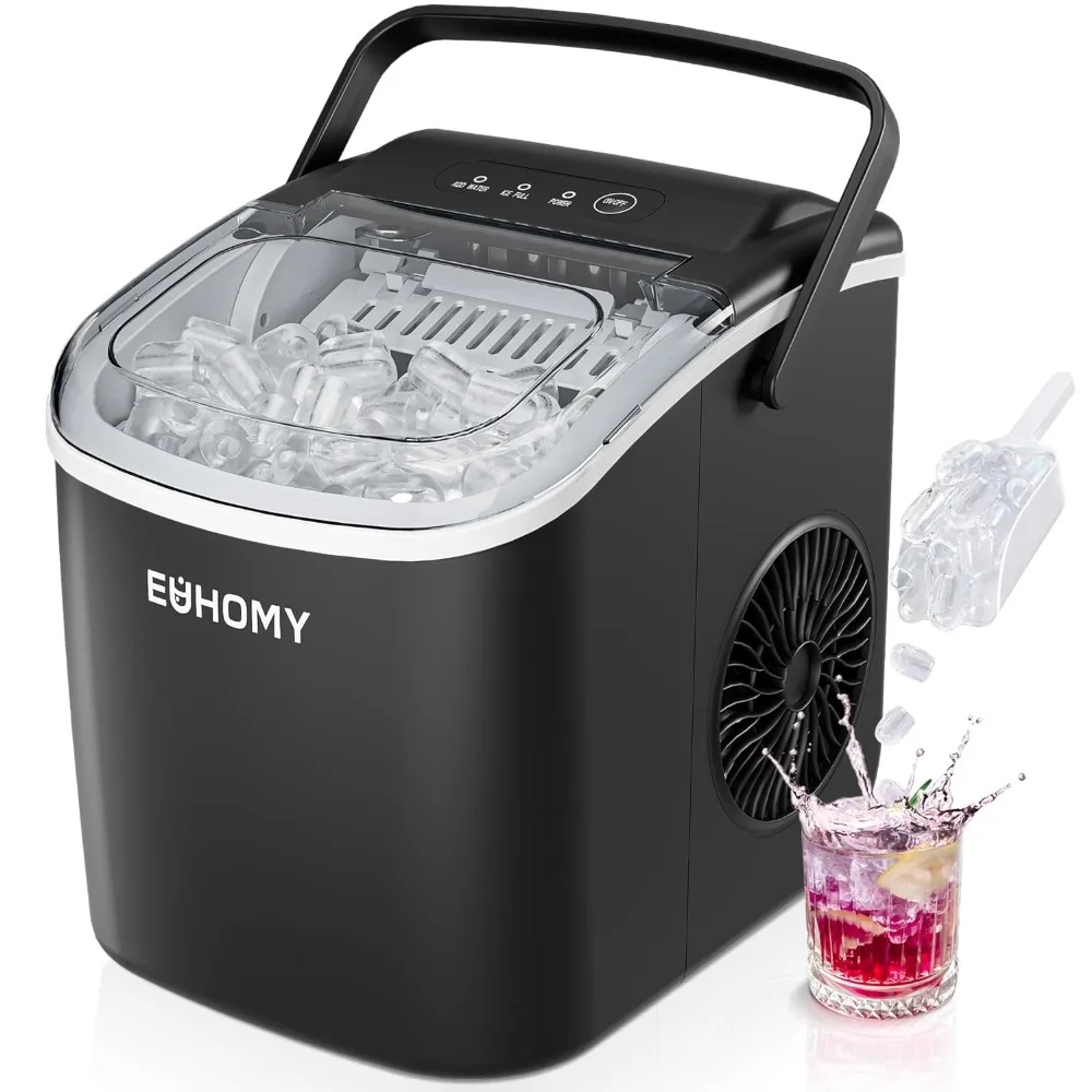 EUHOMY Countertop Ice Maker Machine with Handle, 26lbs in 24Hrs, 9 Ice Cubes Ready in 6 Mins, Auto-Cleaning Portable Ice Maker