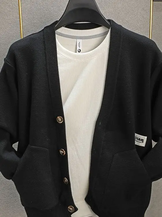 

Элитный мужской вязаный кардиган с V-образным вырезом, осенне-зимний, новый модный свитер с нашивками, повседневная свободная универсальная верхняя одежда, черный