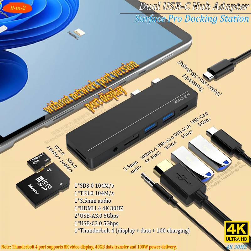 

Dual USB-C Hub Docking Station for Microsoft Surface Pro 8/9/10/11/12, 4K HDMI, Thunderbolt 4, SD/TF Card Reader, Ethernet