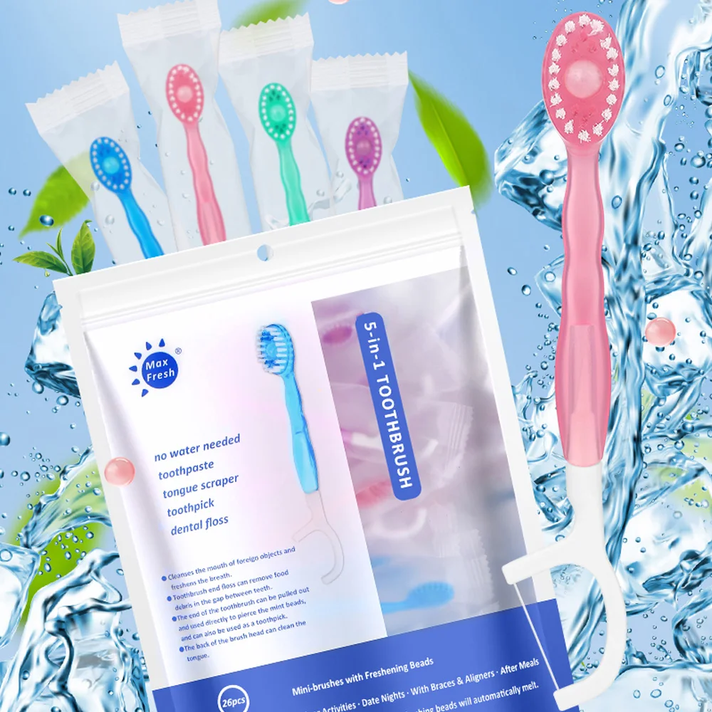 26Pcs Mini Disposable Toothbrush Set Soft Bristle Toothpick Floss Beads Travel Home Convenient