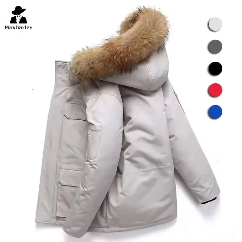 Mens Winter Down Jacket Fashion Disassembled Big Fur Collar Hooded White Duck Down Coat Women Ski Multi-Pocket Lightweight Parka