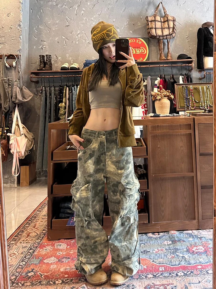 

American Retro Hip Hop Camouflage Wide Leg Workwear Pants Men's Straight Long Trousers Multiple kets Trendy Street Sle J...