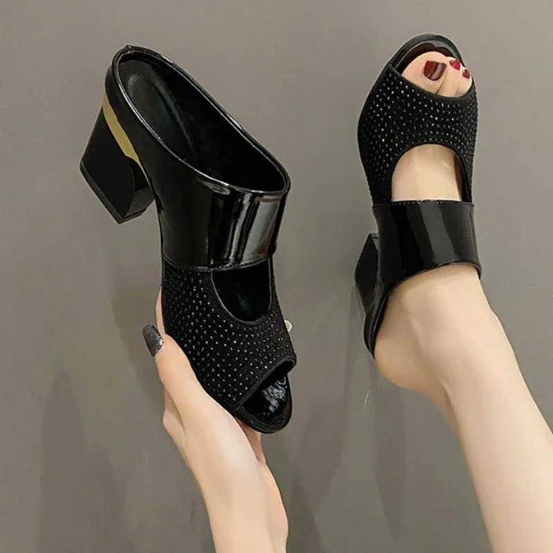 Women Sandals Square Heel 2023 Summer Shoes Woman Fashion Slides Cut-out Open Toe Slip On Mothers Sandal Female Bling Slippers