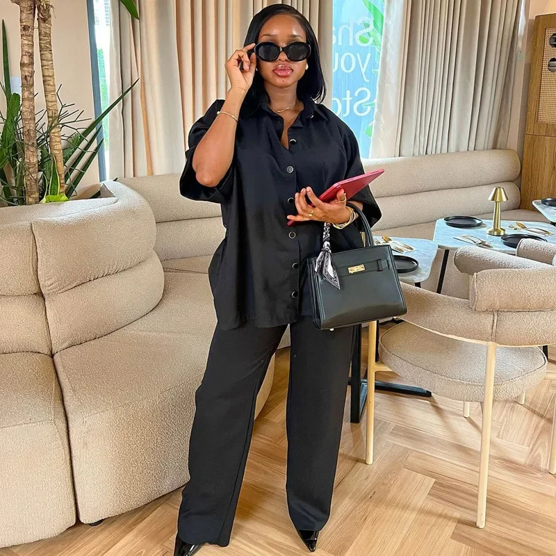 

Fashion Women's Set Half Sleeve Shirt +wide Leg Pants 2025 Africa Streetwear Active Two 2 Piece Sets Outfits Tracksuit