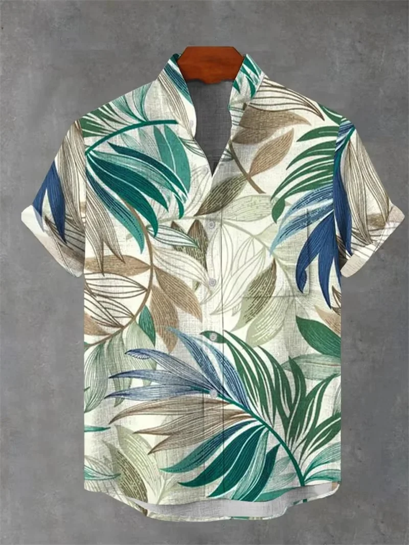 Men's linen short sleeved shirt with 3D printed plant pattern, Hawaii fashionable casual seaside vacation lapel button top