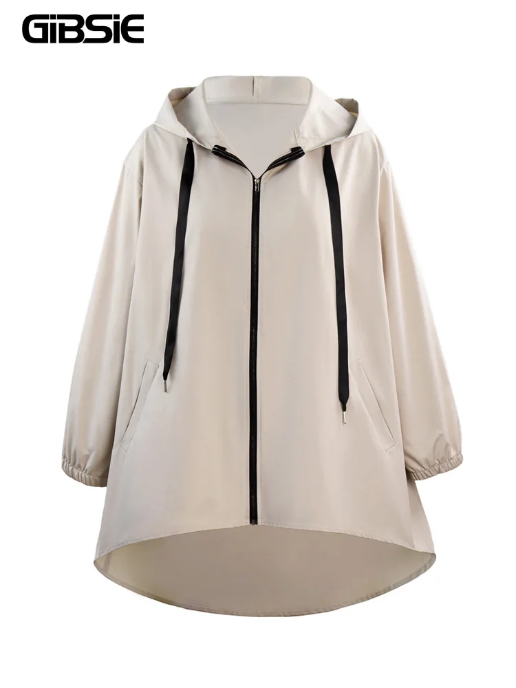 

GIBSIE Plus Size 2025 New Autumn Drawstring Hooded Trench Coat Women Fashion Long Sleeve Loose Casual Zip Up Jacket Outerwear
