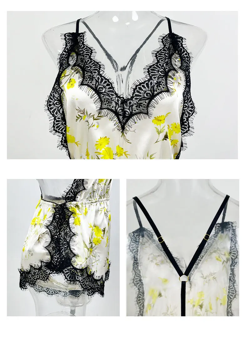 Sexy Damenbekleidung für Erwachsene, Versuchung, Leibchen, Shorts, Pyjama, einteiliges Nachthemd aus Eisseide, einfarbig, V-Ausschnitt, Loungewear – Detail 10