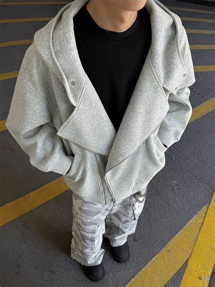 Men's Irregular Double Zipper Hoodie Autumn Streetwear Edgy Design Heavyweight Loose Jacket
