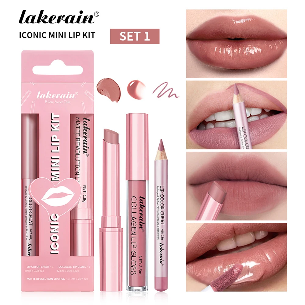 3pcs Lip Makeup Set Lip Liner Lip Gloss Lipstick Mirror Effect Beep Lips High Color Long-Lasting Hydrates Travel Mini Set