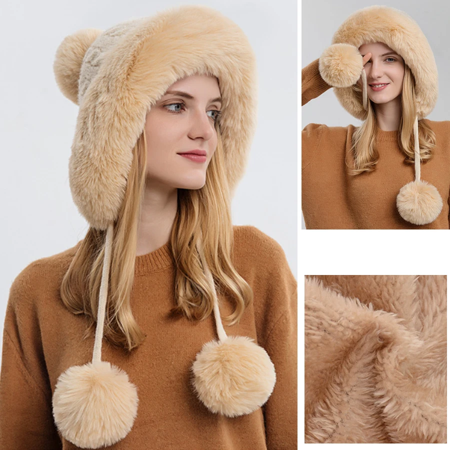 Large Winter Fur Hats Women Kintted Soft Warm Ear Protection Russian Hats Female Outdoor Plush Pompom Beanies Trapper Hats