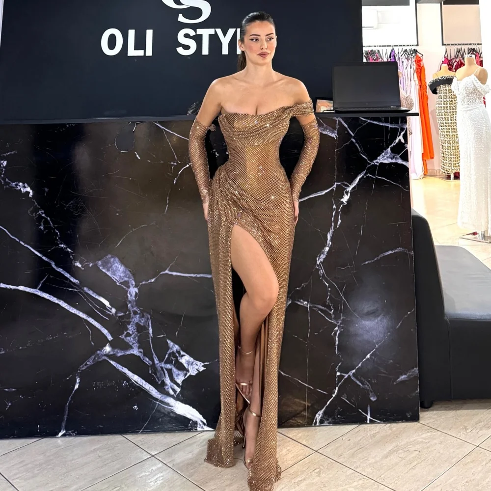 Bella Customized Champagne Side Slit robes de soirée One Shoulder Sequins Sleeveless Evening Dresses Floor-Length Wedding Dress image 5