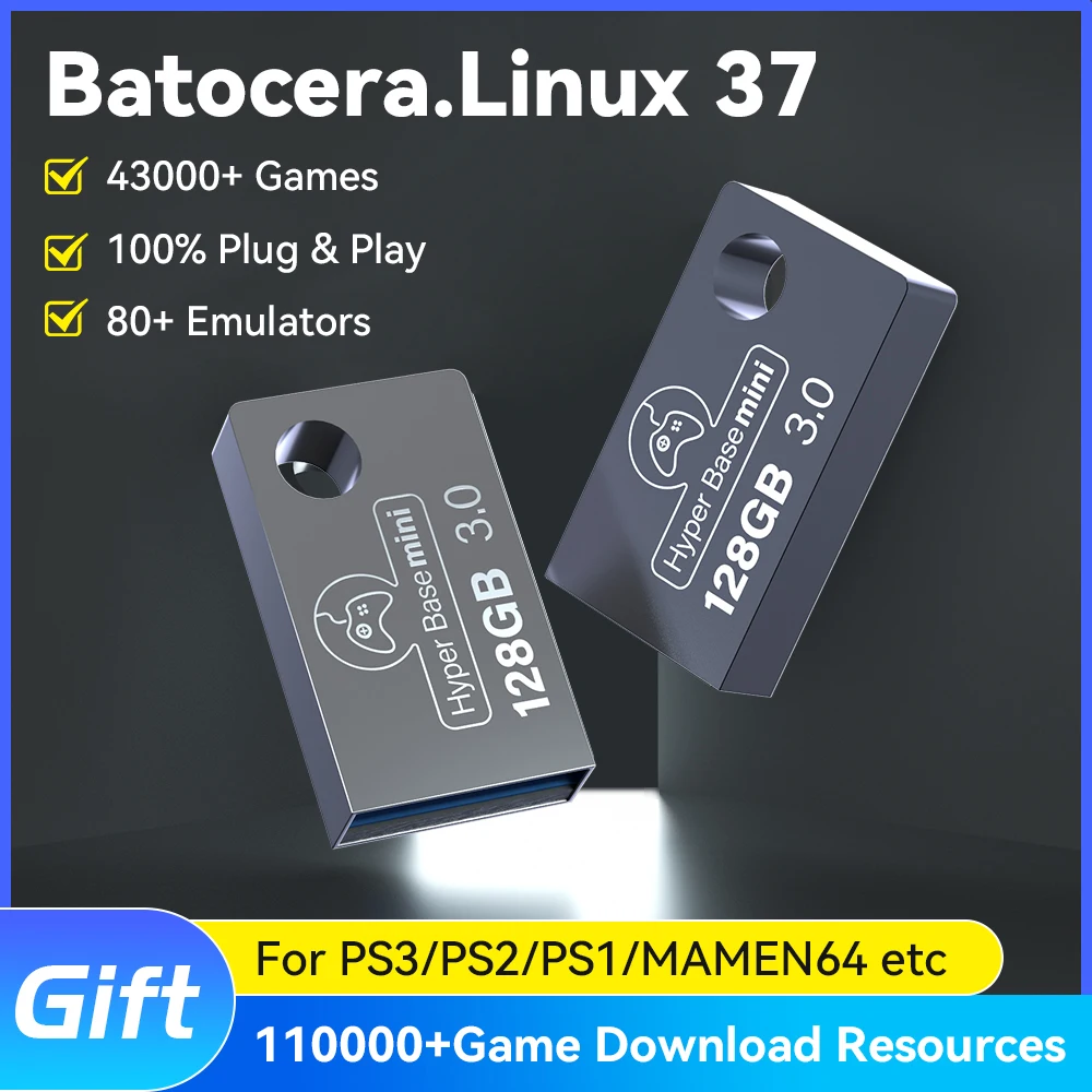 Portable 128GB USB 3.0 Hard Disk Batocera 37.Linux 43000+Retro Games with 70+ Emulators For PS3/PS2/PS1/N64/XBOX/WII/DC for PC