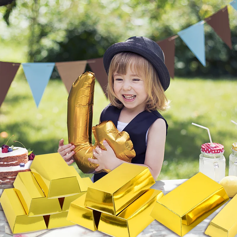 10Pcs Paper Gold Bar Gift Box Fake Gold Bullion Simulated Golden Brick Candy Bar Bag Birthday Party Decorations Baby Shower