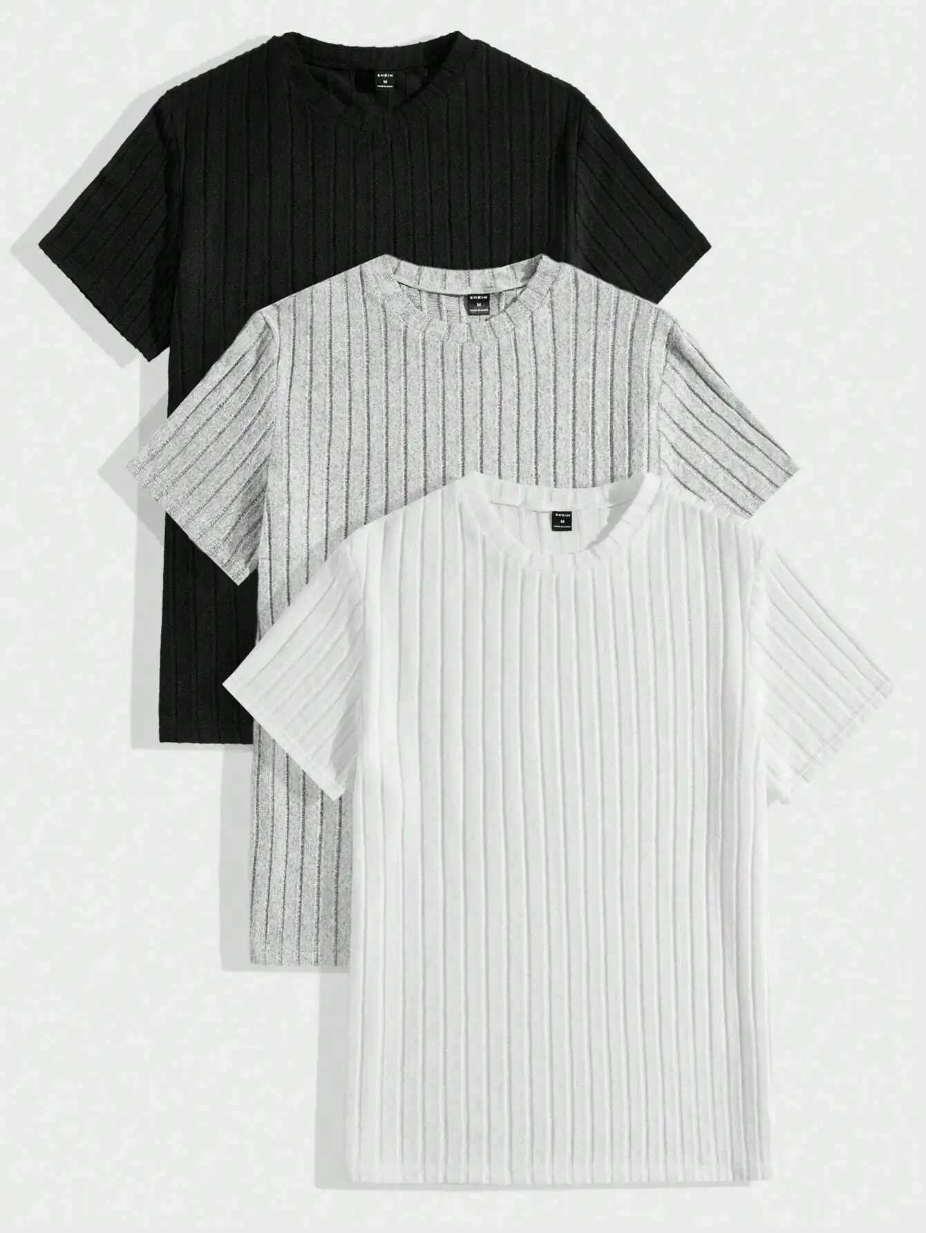 

3-Pack Men's Rib-Knit Short Sleeve T-Shirts, Round Neck, Casual Basic Tees in Black Grey White