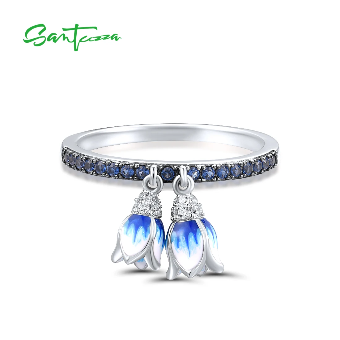 SANTUZZA Authentic 925 Sterling Silver Rings For Women Sparkling Blue Sone Danling Tulip Flower Cute Fashion Fine Jewelry Enamel