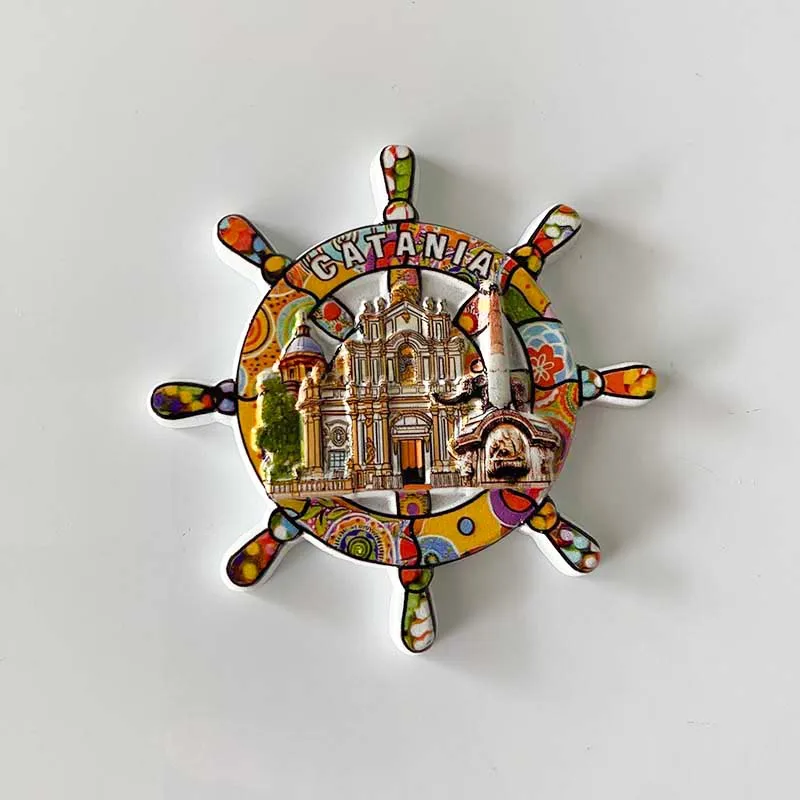 Italy Catania Tourist Souvenir 3D Hand‑Painted Ship Wheel Fridge Magnet Resin Refrigerator Sticker Home Decoration Gift