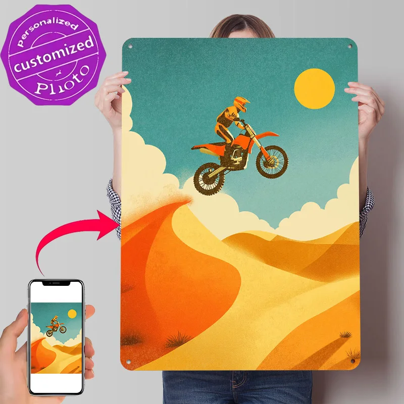 Motocross Rider Jumping Over Sand Dunes Personalized 3D Textured Metal Poster Wall Art Tinplate Sign for Home Decoration Gaming