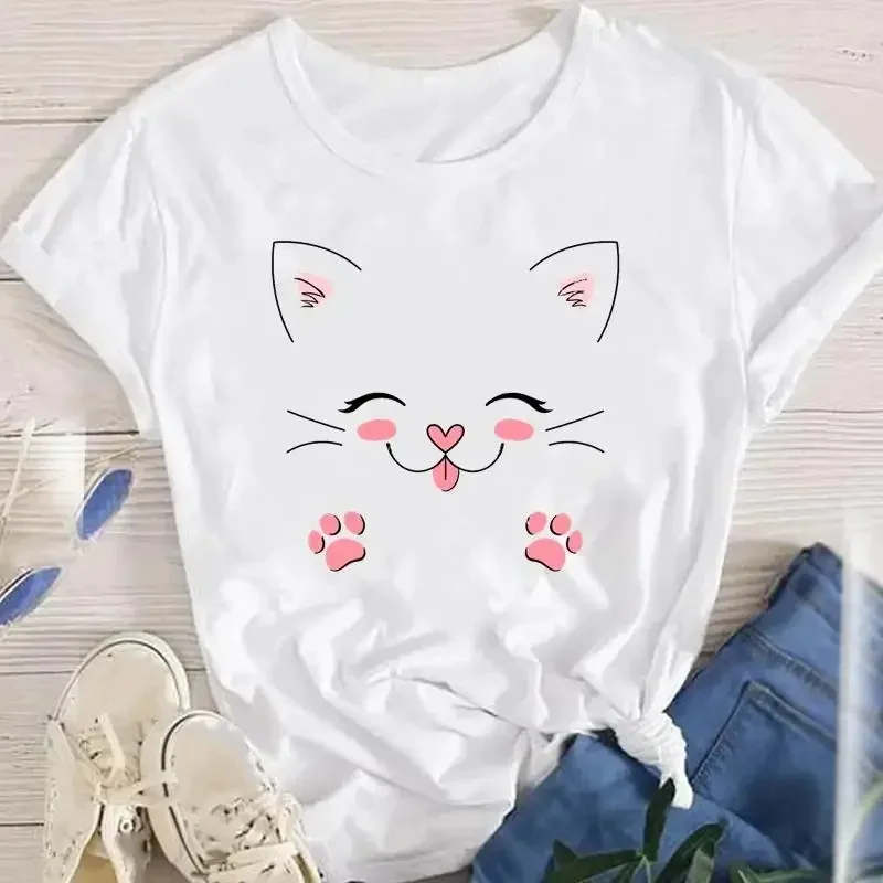 Camiseta de manga curta estampada feminina, tops femininos, T-shirt extragrande, gato fofo, animal, roupas gráficas, moda coreana, verão