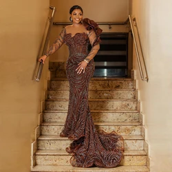 Shiny Beaded Lace Formal Prom Dresses for African Women Sheer Long Sleeves Brown Mermaid Evening Gown Asobei Wedding Party Dress