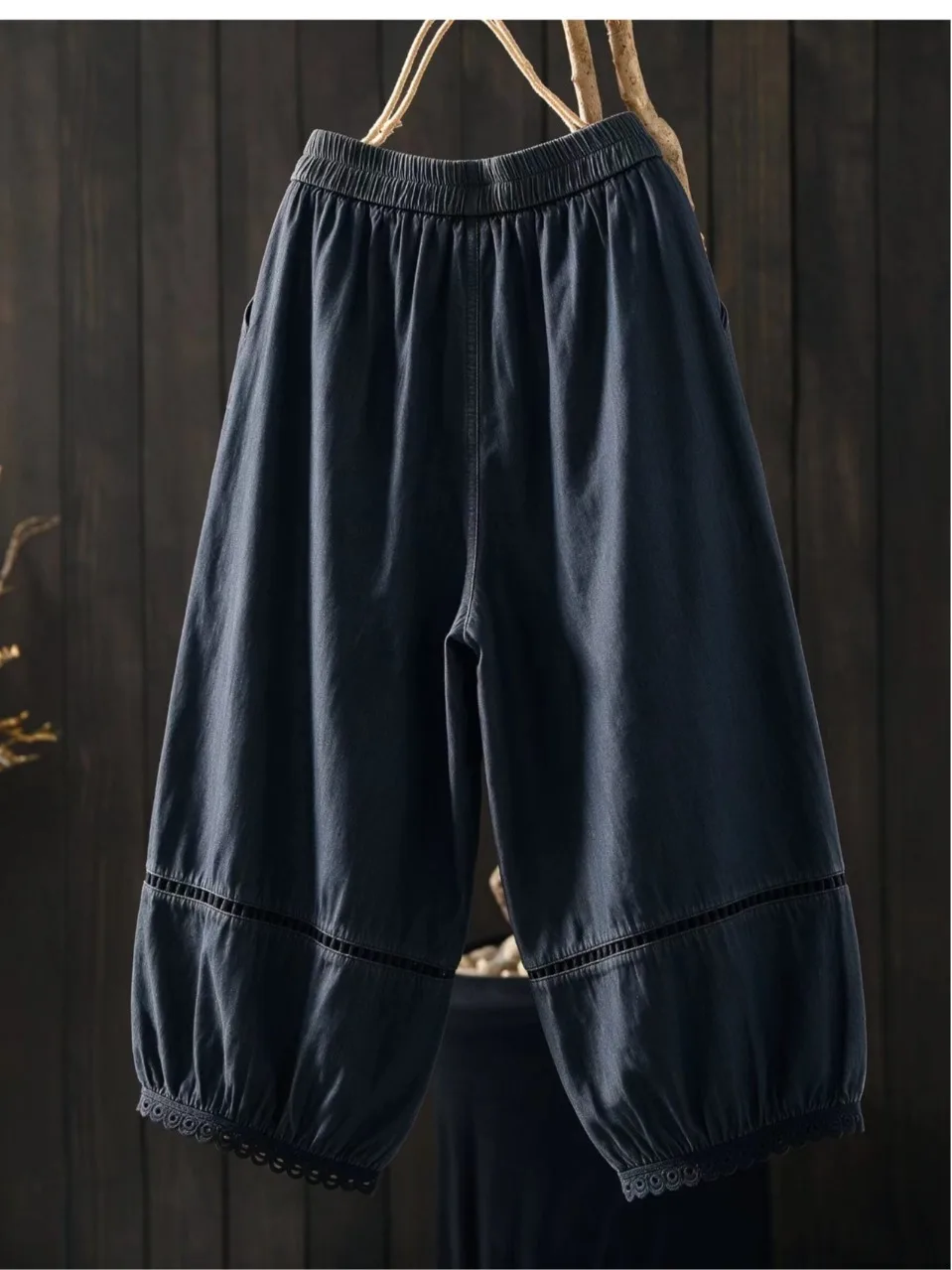 plus Size Vintage Denim Wide Leg Pants Women Summer Thin Elastic Waist Loose Hiding Hip Slimming Versatile Loose Fit Trousers