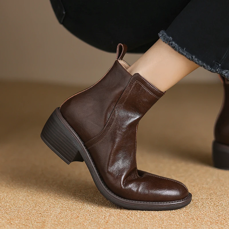 2024 New Winter Round Toe Women Boots Chunky Heel Women Shoes Retro Western Boots Ankle Boots Genuine Leather Chelsea