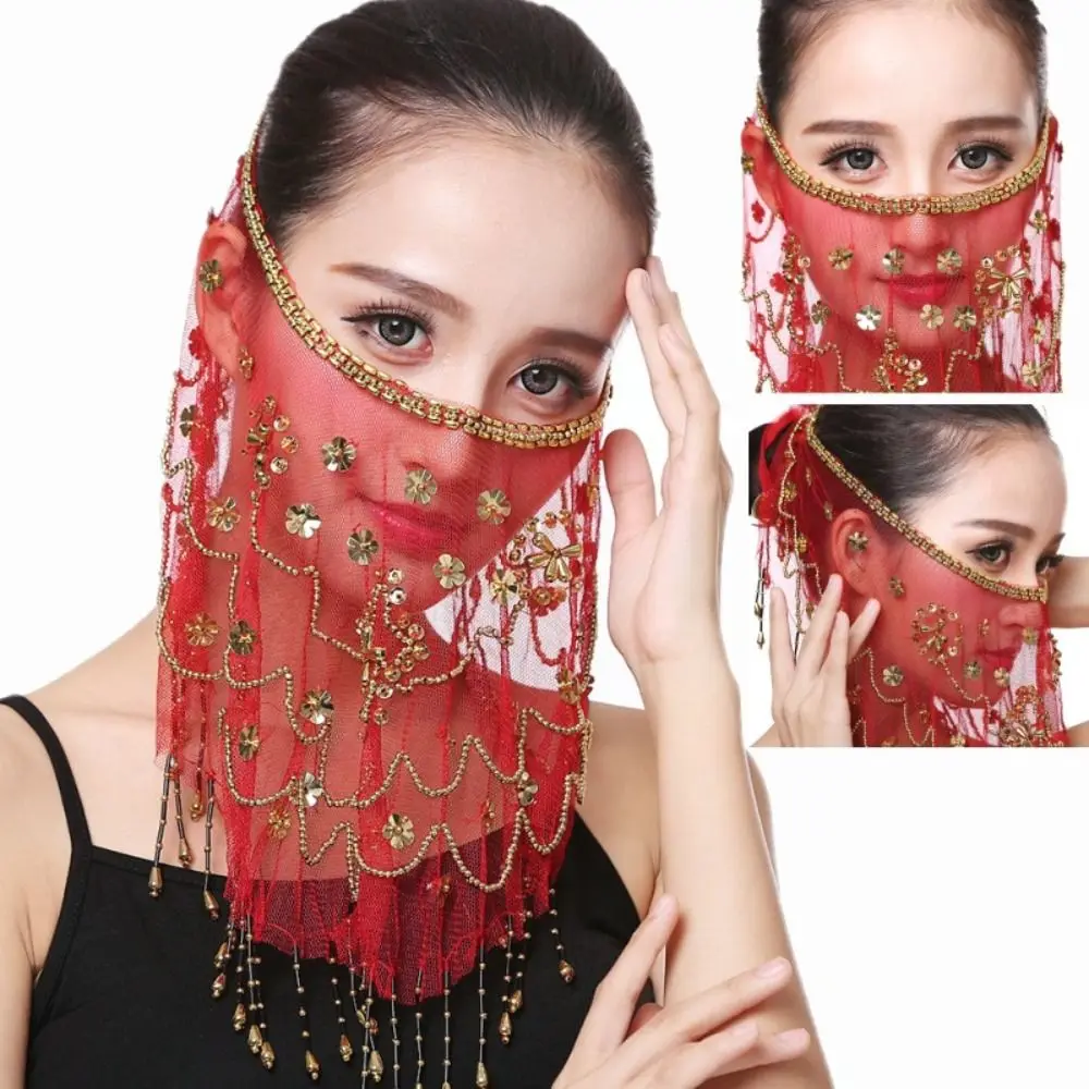 New Tribal Face Veils Belly Dance Costumes Mesh Face Veil with Beaded Halloween Costume Accessory